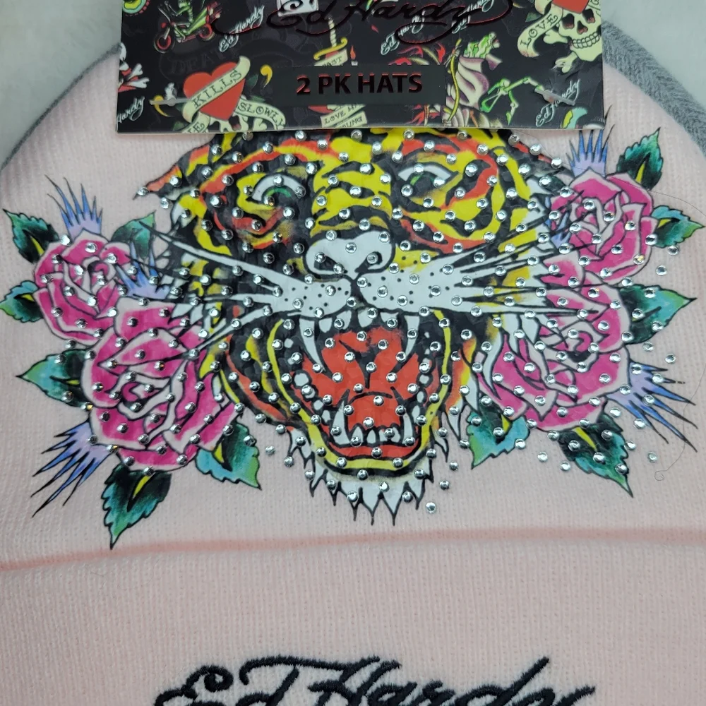 Ed Hardy Beanies Hats Gray & Pink Brand New, Never Worn 2 Beanies - Picture 5 of 5